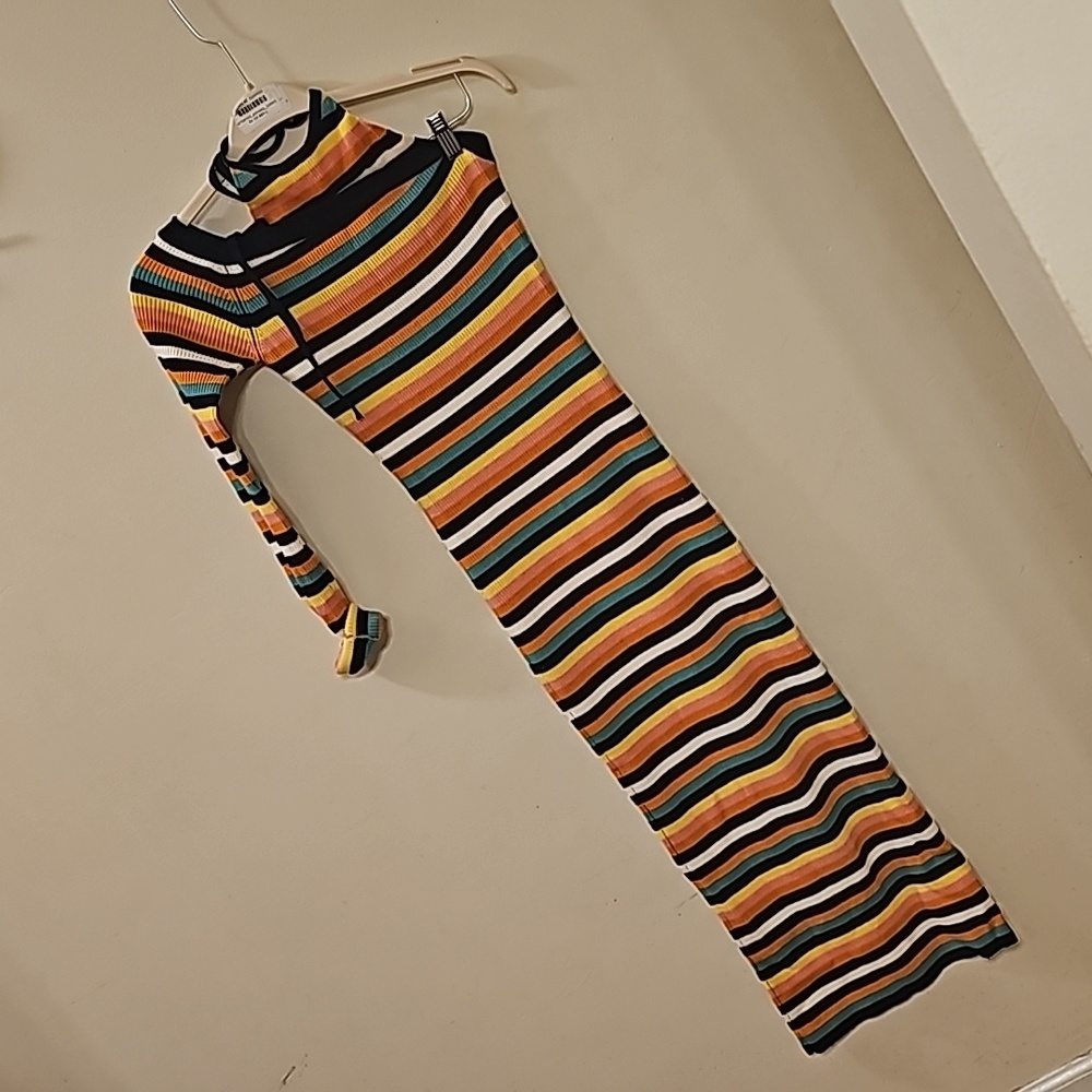 MONSE Rainbow Stripe Ribbed One Sleeve Merino Wool Blend Sweater Dress